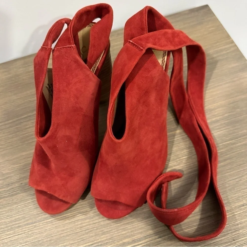 Splendid Navarro Red Suede Ankle Lace Up Peep Toe Wrap Suede Heeled Sandals 7.5
